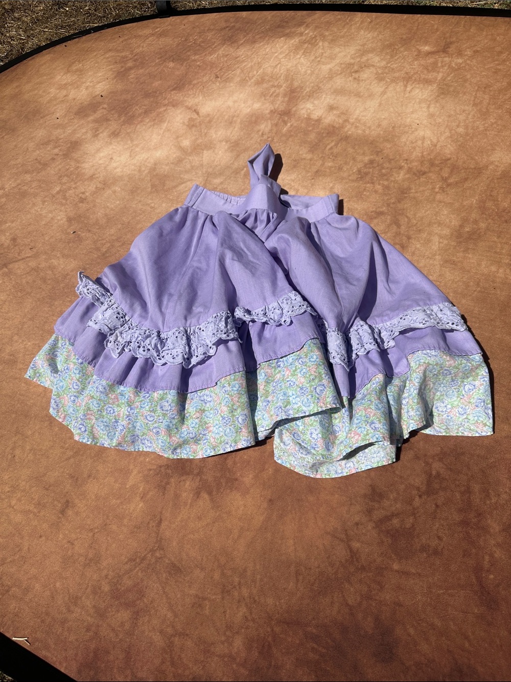 Vintage Square Dancing Lavender Ruffled Skirt with Floral Hem and Tie waist